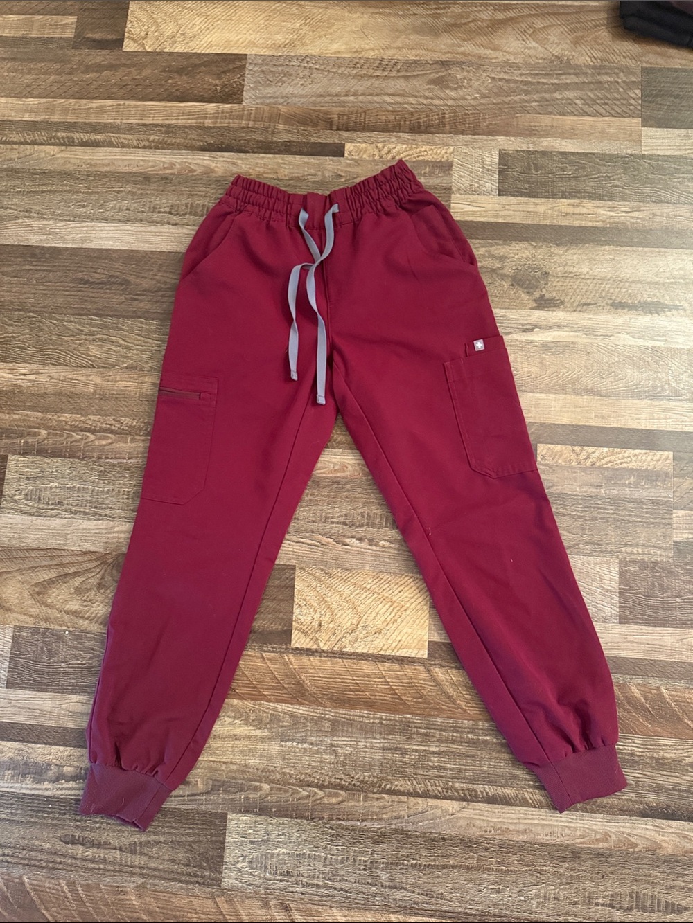 Figs Burgundy Cargo Joggers with Gray Drawstring